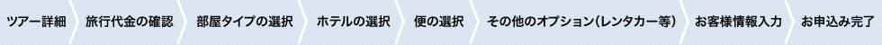 お申し込みの流れ：ツアー詳細→旅行代金の確認→部屋タイプの選択→ホテルの選択→便の選択→その他のオプション（レンタカー等）→お客様情報入力→お申し込み完了